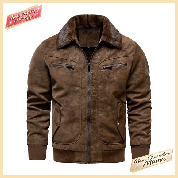 Men's Faux Fur Lined Bomber Jacket Winter Coat Fleece Lined Leather